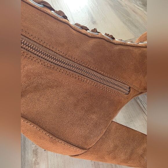Express Tan Brown Vegan Suede Lace Up Rivet Tie Chunky Heel Ankle Bootie 7.5 - Picture 6 of 14